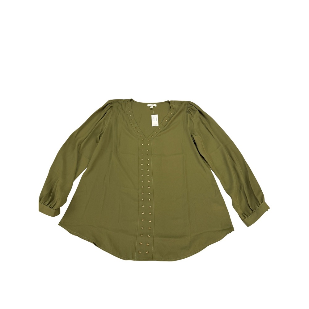 Maurices Womens Large Olive Green Studded V-Neck Long Sleeve Blouse MSRP $36